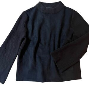 Ann Taylor Black Knit Sweater Women’s Large Faux Suede Panels Mock Neck Boxy